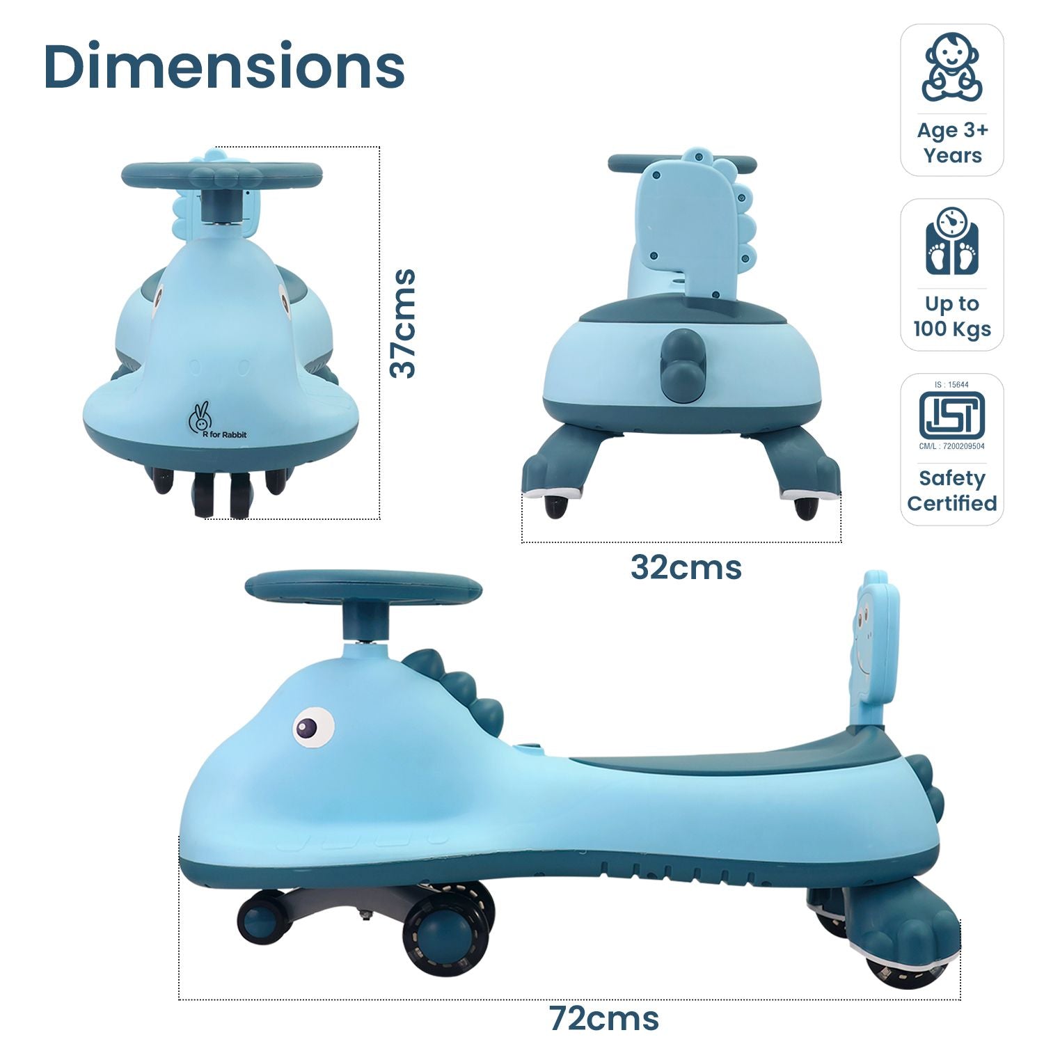 R for Rabbit Iya Iya Dino Swing Car - Inbuilt Music With Light, PU LED Wheels, ABEC 7 Bearing, Up To 100 Kgs Capacity Blue