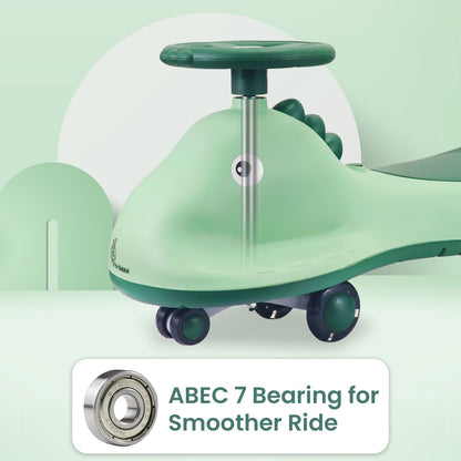 R for Rabbit Iya Iya Dino Swing Car - Inbuilt Music With Light, PU LED Wheels, ABEC 7 Bearing, Up To 100 Kgs Capacity Green