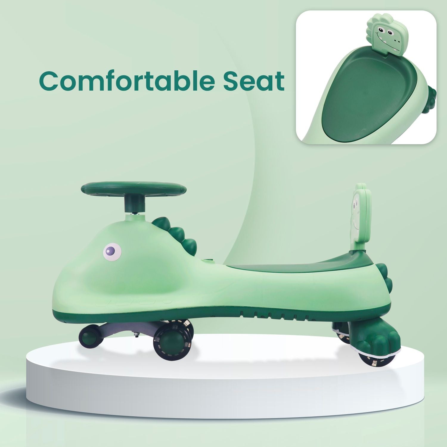 R for Rabbit Iya Iya Dino Swing Car - Inbuilt Music With Light, PU LED Wheels, ABEC 7 Bearing, Up To 100 Kgs Capacity Green