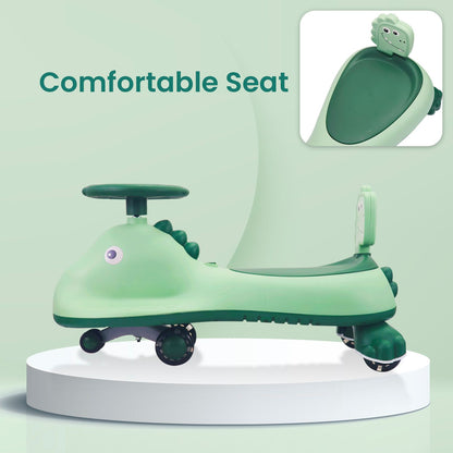 R for Rabbit Iya Iya Dino Swing Car - Inbuilt Music With Light, PU LED Wheels, ABEC 7 Bearing, Up To 100 Kgs Capacity Green