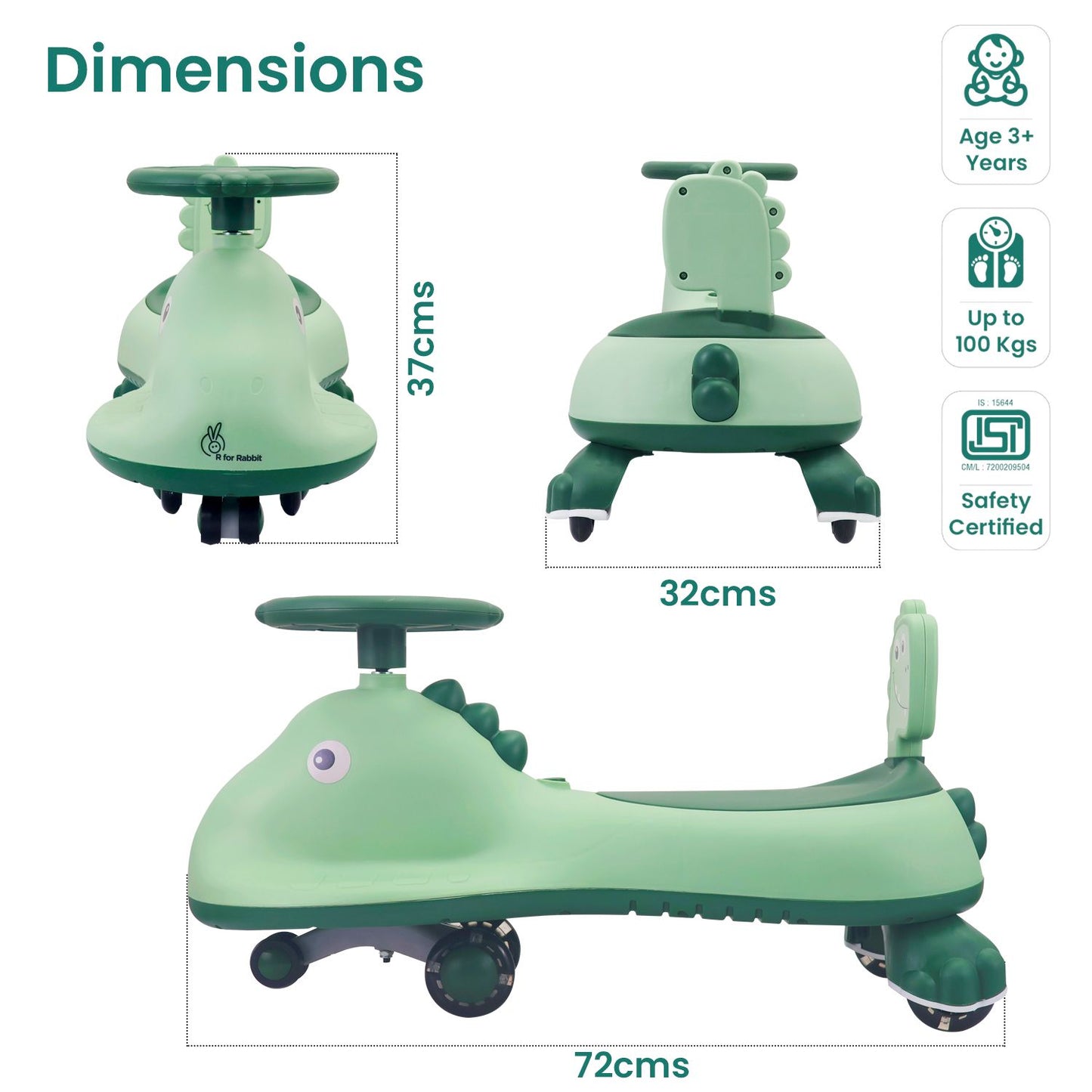 R for Rabbit Iya Iya Dino Swing Car - Inbuilt Music With Light, PU LED Wheels, ABEC 7 Bearing, Up To 100 Kgs Capacity Green
