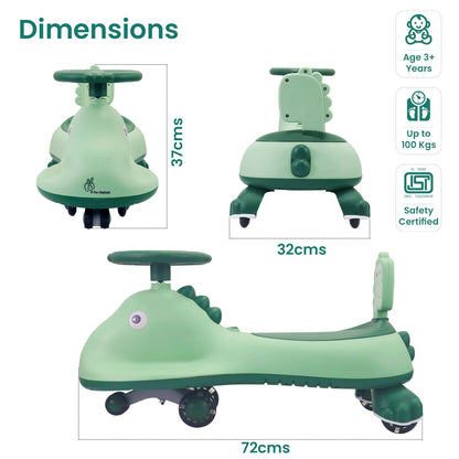 R for Rabbit Iya Iya Dino Swing Car - Inbuilt Music With Light, PU LED Wheels, ABEC 7 Bearing, Up To 100 Kgs Capacity Green