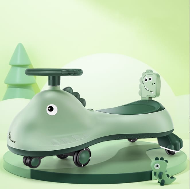 R for Rabbit Iya Iya Dino Swing Car - Inbuilt Music With Light, PU LED Wheels, ABEC 7 Bearing, Up To 100 Kgs Capacity Green