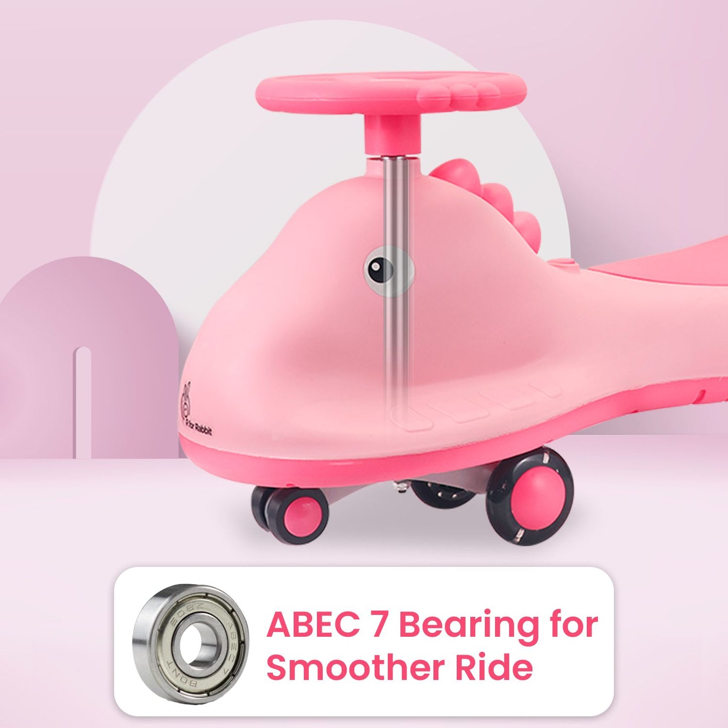 R for Rabbit Iya Iya Dino Swing Car - Inbuilt Music With Light, PU LED Wheels, ABEC 7 Bearing, Up To 100 Kgs Capacity Pink