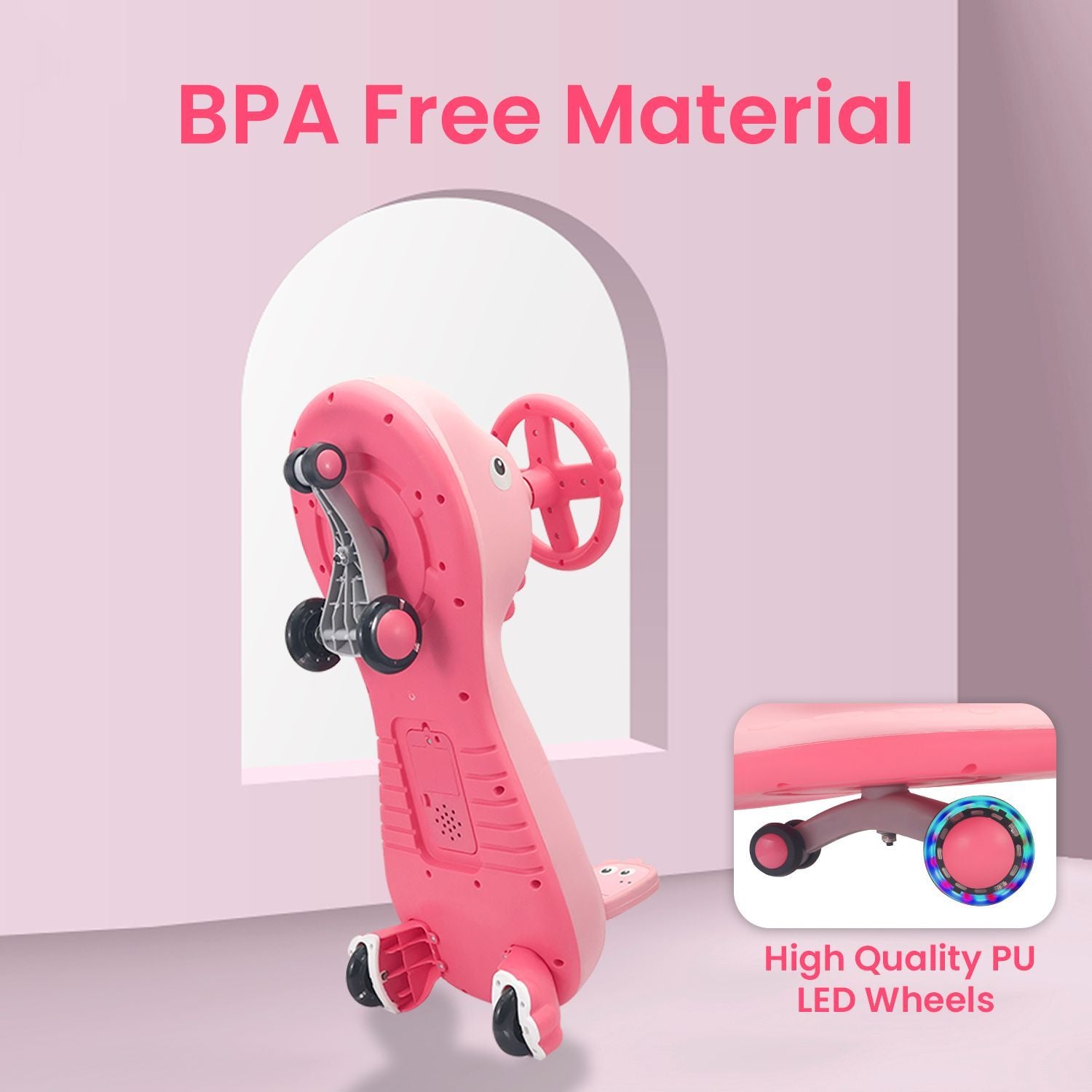 R for Rabbit Iya Iya Dino Swing Car - Inbuilt Music With Light, PU LED Wheels, ABEC 7 Bearing, Up To 100 Kgs Capacity Pink