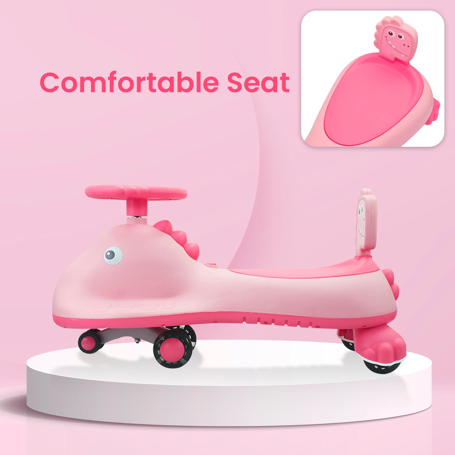 R for Rabbit Iya Iya Dino Swing Car - Inbuilt Music With Light, PU LED Wheels, ABEC 7 Bearing, Up To 100 Kgs Capacity Pink