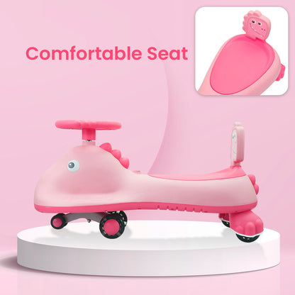 R for Rabbit Iya Iya Dino Swing Car - Inbuilt Music With Light, PU LED Wheels, ABEC 7 Bearing, Up To 100 Kgs Capacity Pink