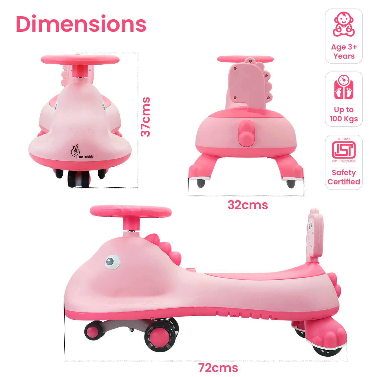 R for Rabbit Iya Iya Dino Swing Car - Inbuilt Music With Light, PU LED Wheels, ABEC 7 Bearing, Up To 100 Kgs Capacity Pink