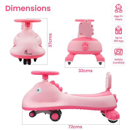 R for Rabbit Iya Iya Dino Swing Car - Inbuilt Music With Light, PU LED Wheels, ABEC 7 Bearing, Up To 100 Kgs Capacity Pink