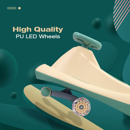 R for Rabbit Iya Iya Drift Swing Car - Inbuilt Music, Scratch Free PU Led Wheels, Up To 125 Kgs Capacity Peach Green