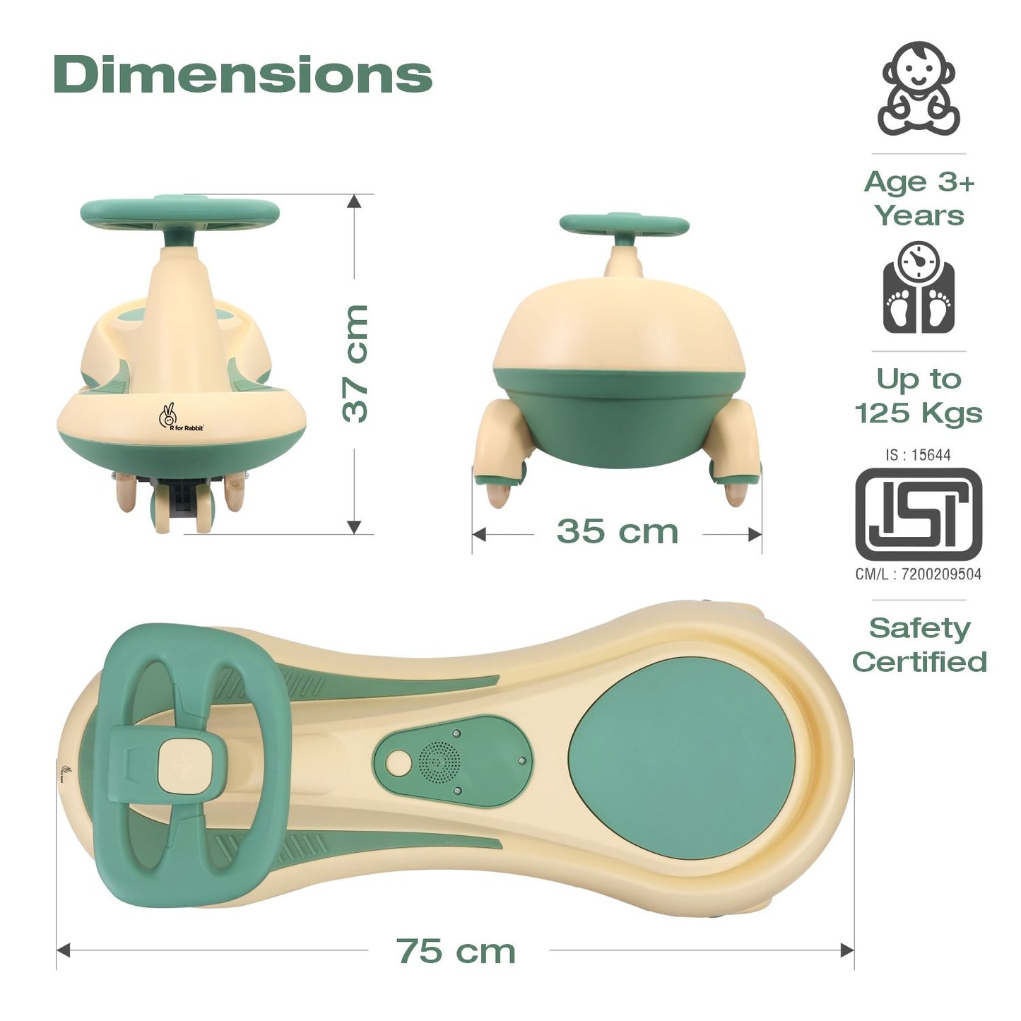 R for Rabbit Iya Iya Drift Swing Car - Inbuilt Music, Scratch Free PU Led Wheels, Up To 125 Kgs Capacity Peach Green