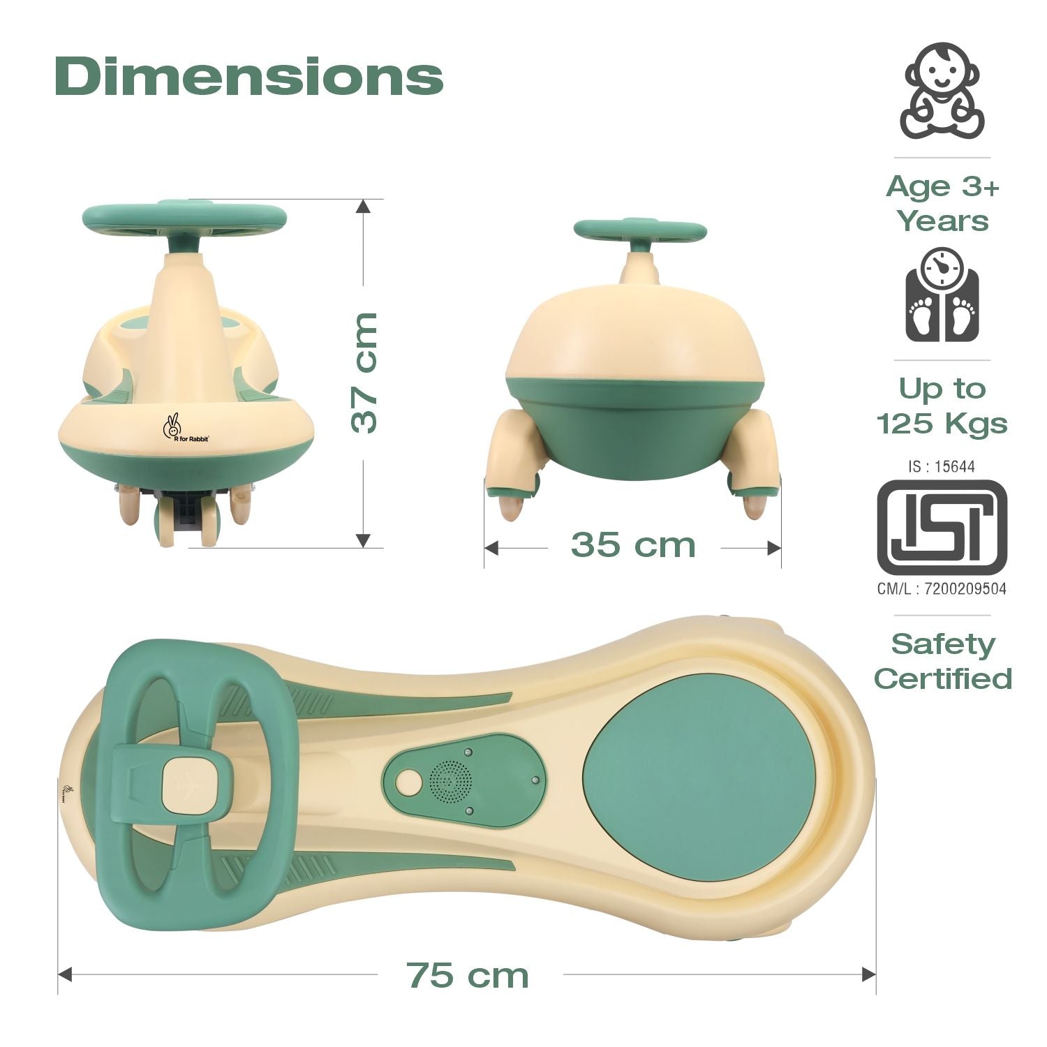 R for Rabbit Iya Iya Drift Swing Car - Inbuilt Music, Scratch Free PU Led Wheels, Up To 125 Kgs Capacity Peach Green