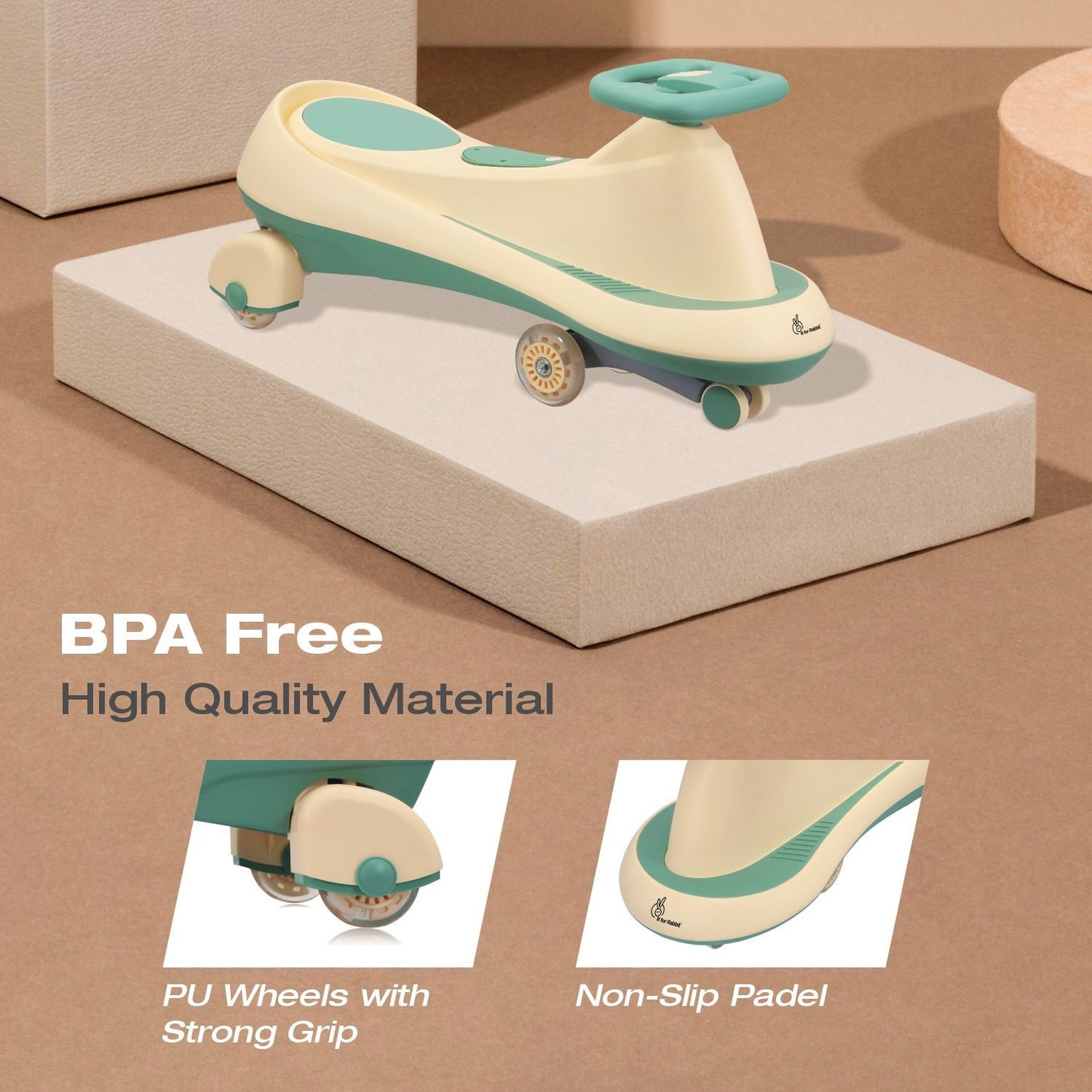 R for Rabbit Iya Iya Drift Swing Car - Inbuilt Music, Scratch Free PU Led Wheels, Up To 125 Kgs Capacity Peach Green