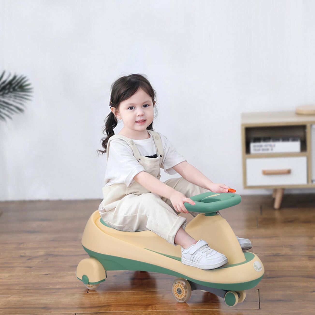 R for Rabbit Iya Iya Drift Swing Car - Inbuilt Music, Scratch Free PU Led Wheels, Up To 125 Kgs Capacity Peach Green