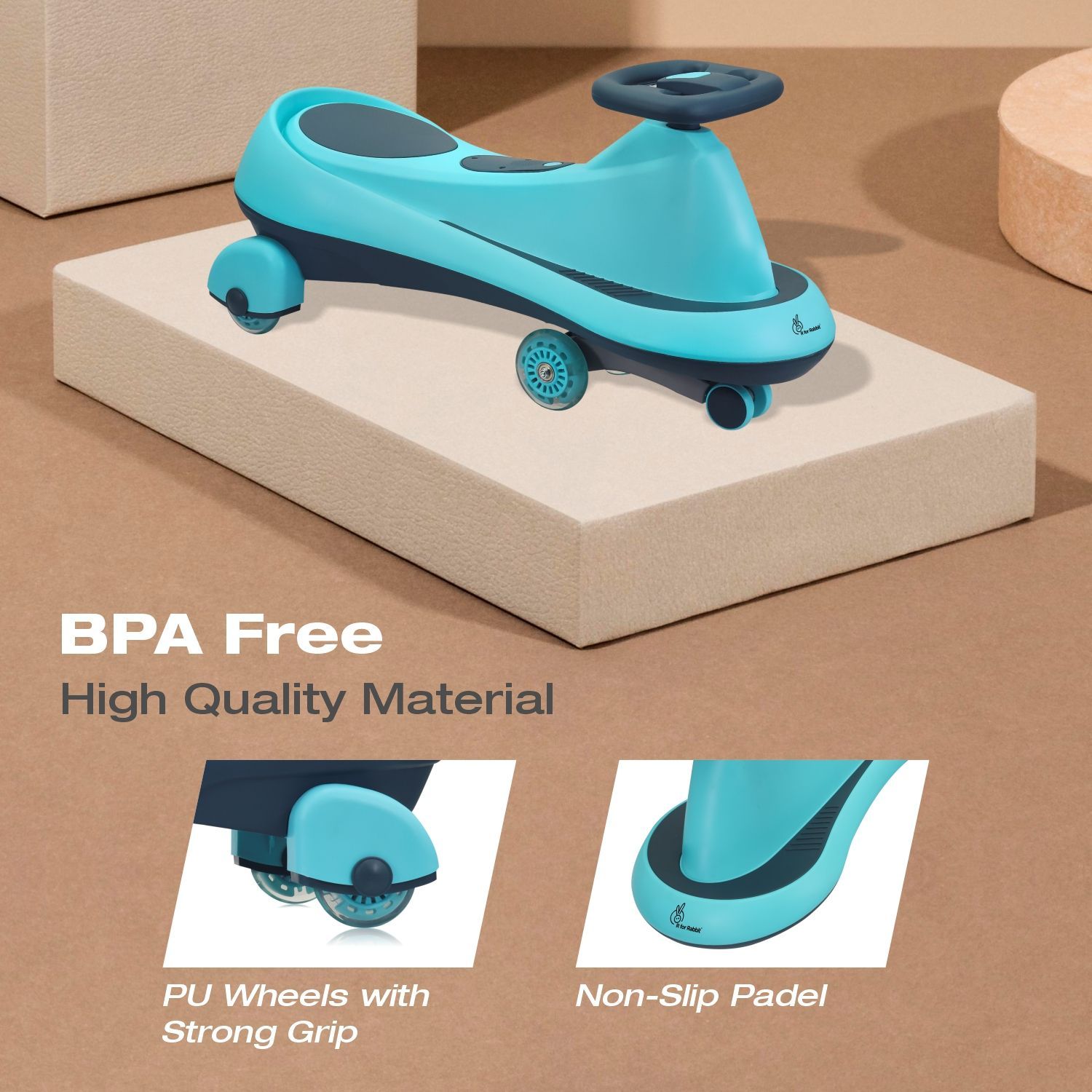 R for Rabbit Iya Iya Drift Swing Car - Inbuilt Music, Scratch Free PU Led Wheels, Up To 125 Kgs Capacity Sky Blue