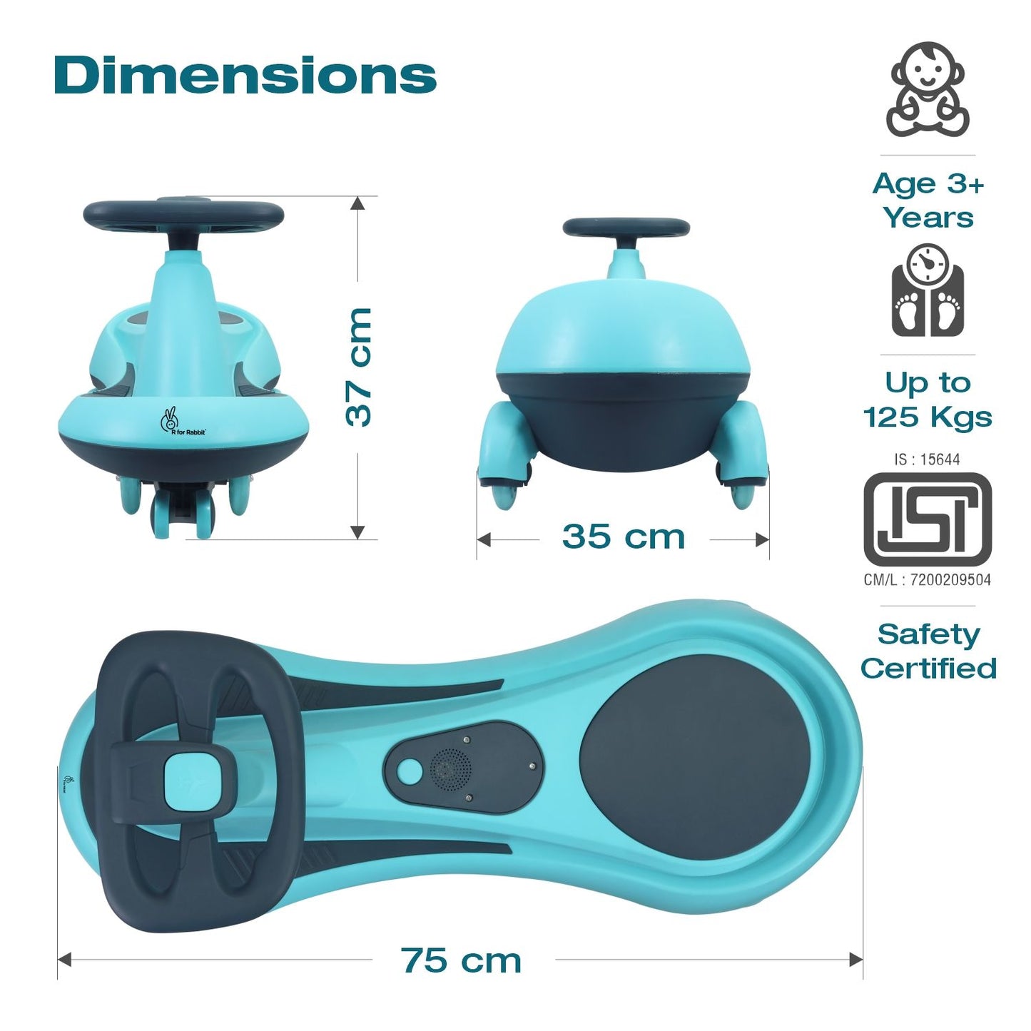 R for Rabbit Iya Iya Drift Swing Car - Inbuilt Music, Scratch Free PU Led Wheels, Up To 125 Kgs Capacity Sky Blue