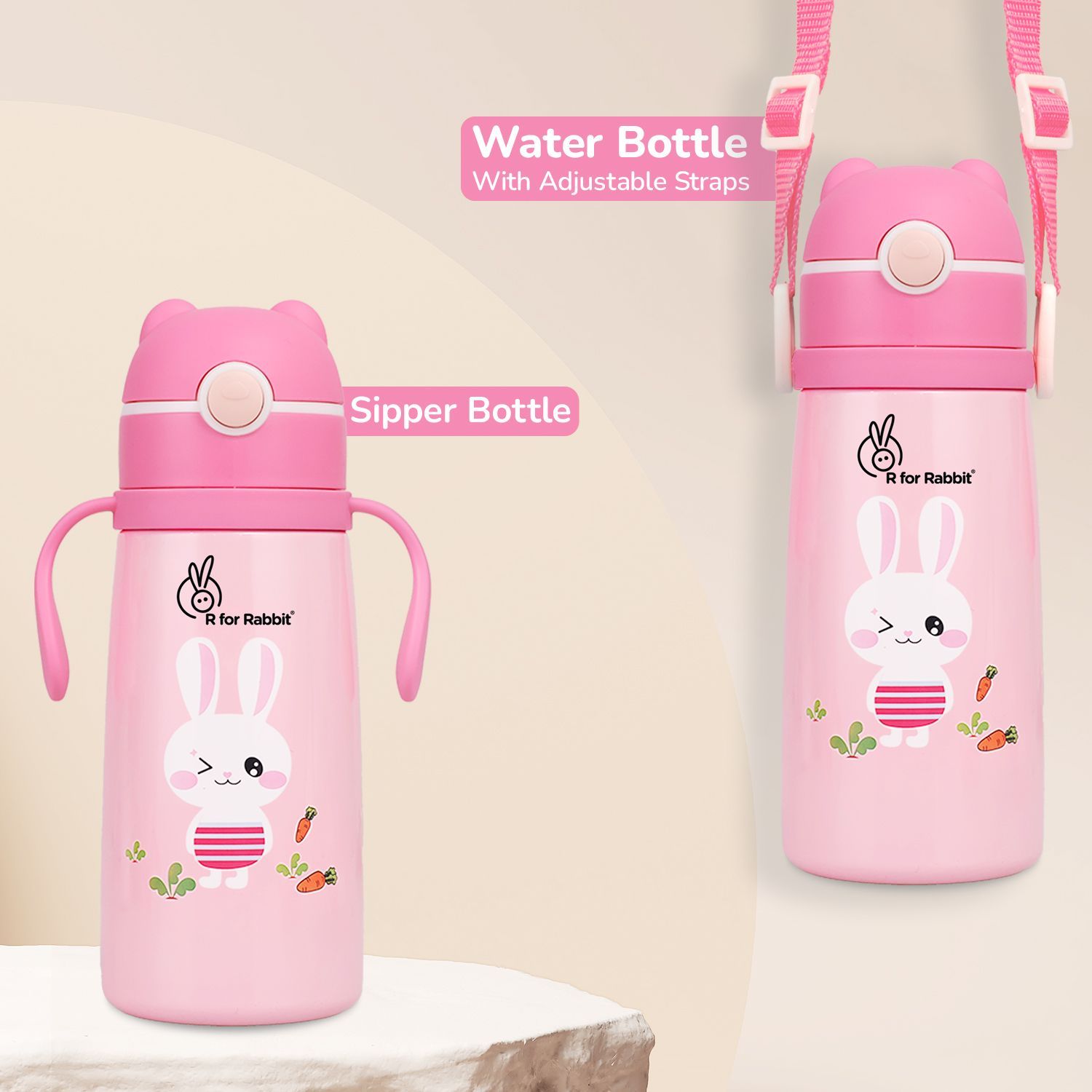 R for Rabbit Steebo Safari Stainless Steel Sipper Bottle For Kids Pink Bunny