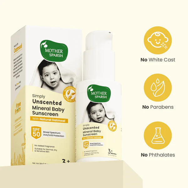 Mother Sparsh Simply Unscented Mineral Baby Sunscreen SPF 50 - Safe Sun Protection
