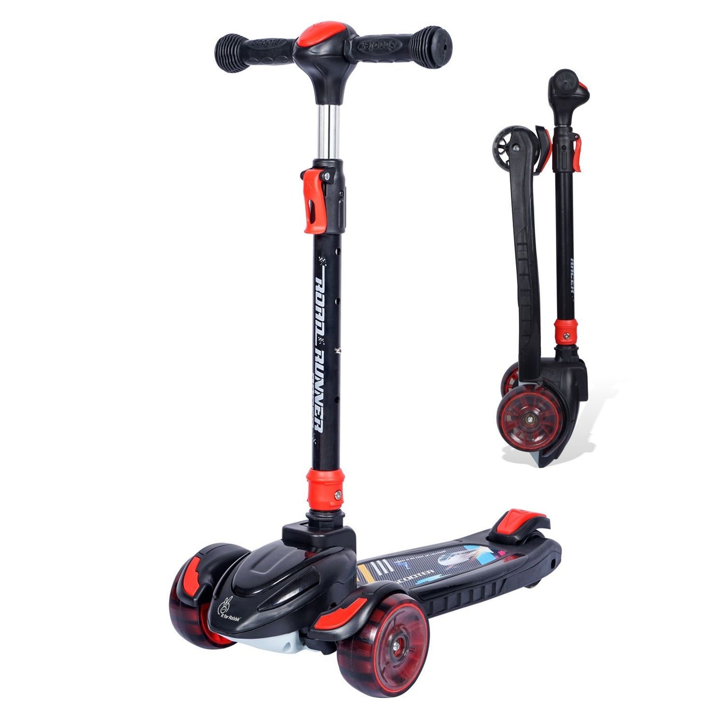R for Rabbit Road Runner Racer Scooter - PU LED Wheels, 4 Level Height Adjustment, Anti Slip Deck  Black