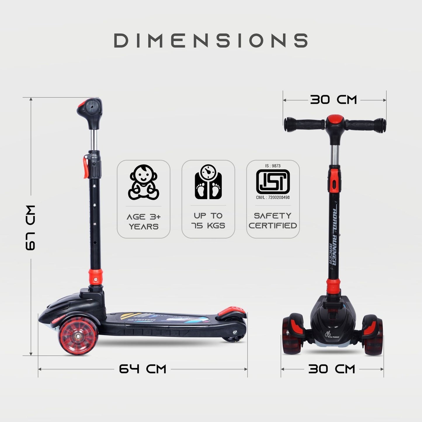 R for Rabbit Road Runner Racer Scooter - PU LED Wheels, 4 Level Height Adjustment, Anti Slip Deck  Black