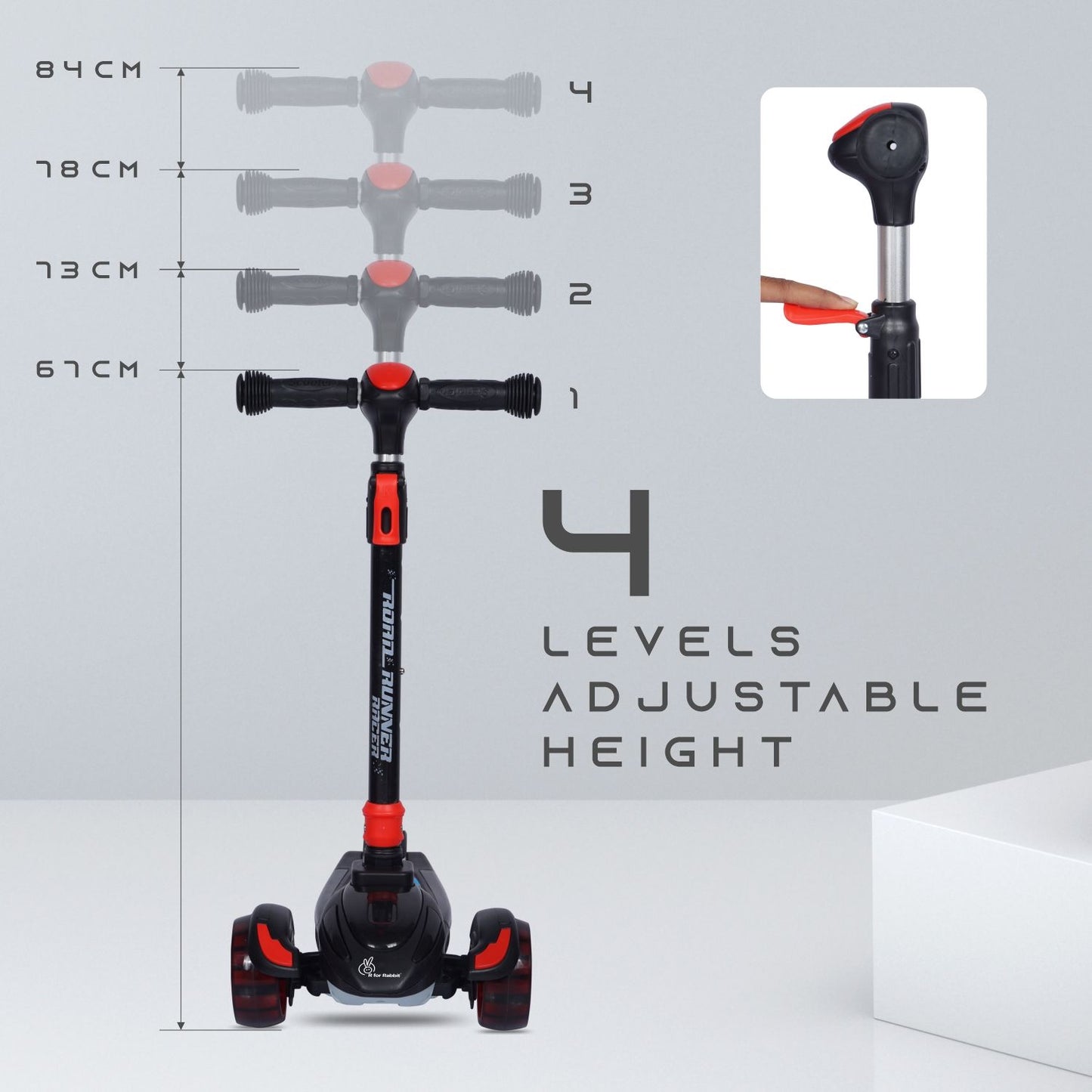 R for Rabbit Road Runner Racer Scooter - PU LED Wheels, 4 Level Height Adjustment, Anti Slip Deck  Black