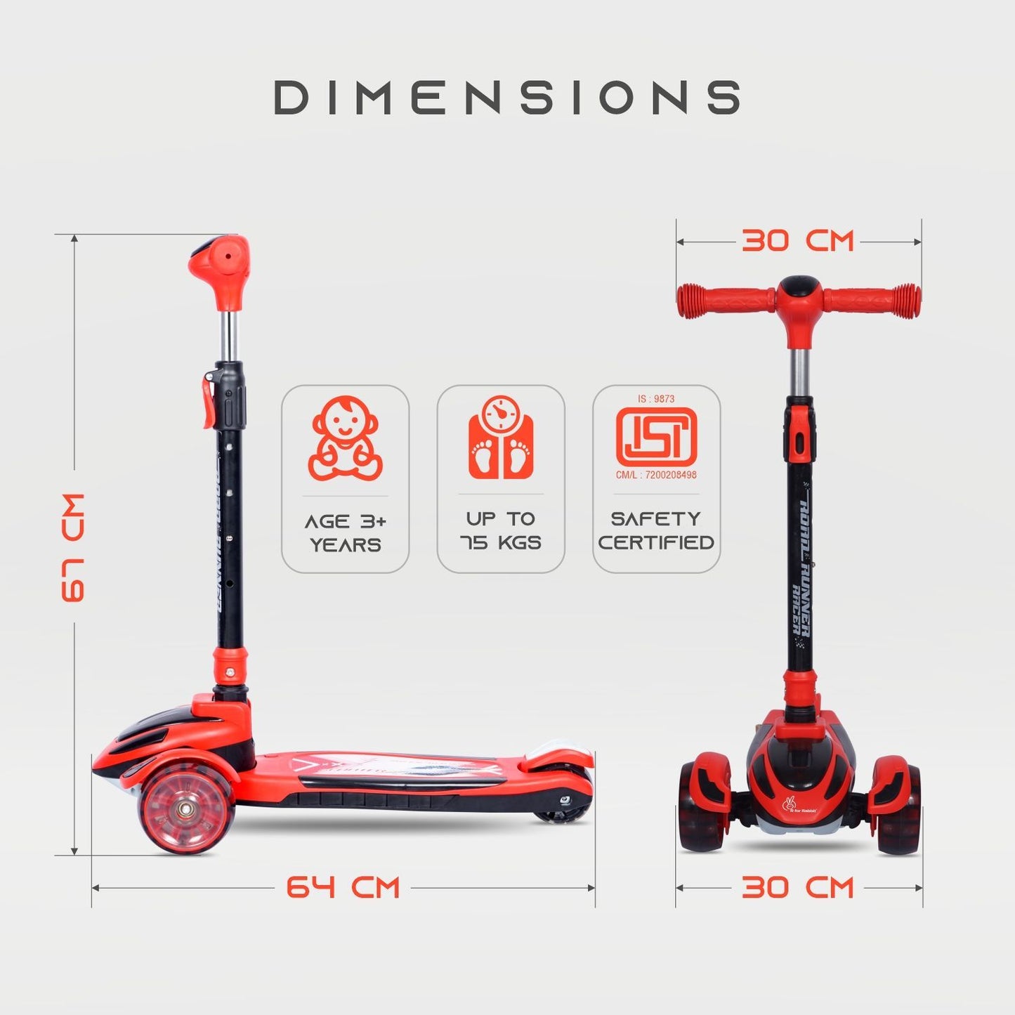 R for Rabbit Road Runner Racer Scooter - PU LED Wheels, 4 Level Height Adjustment, Anti Slip Deck Red Black