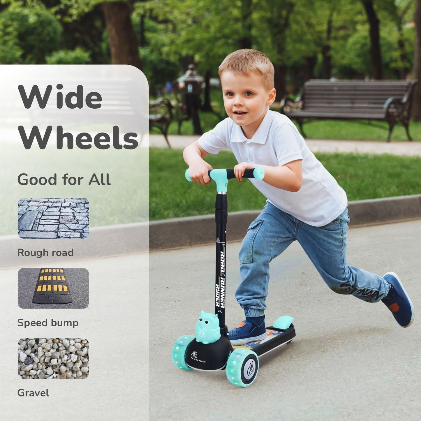 R for Rabbit Road Runner Ryder Kids Scooter - PU LED Wheels & Multi-Level Height Adjustment Black Blue