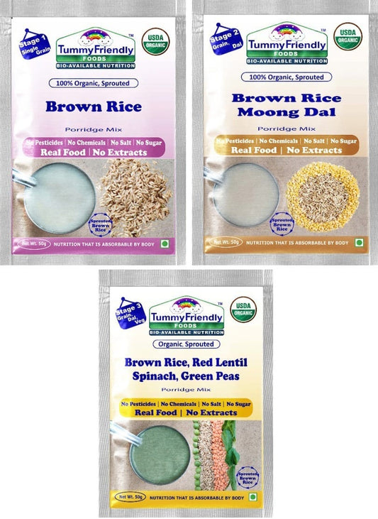 Tummy Friendly Foods Certified Brown Rice Porridge Mixes - Stage1, Stage2, Stage3 | Rich in Gamma-Aminobutyric Acid (GABA), Protein |3 Packs, 50g Each Cereal (150 g, Pack of 3)