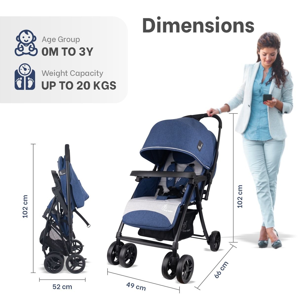 R for Rabbit Poppins Joy Cute Stroller For Kids Blue Grey