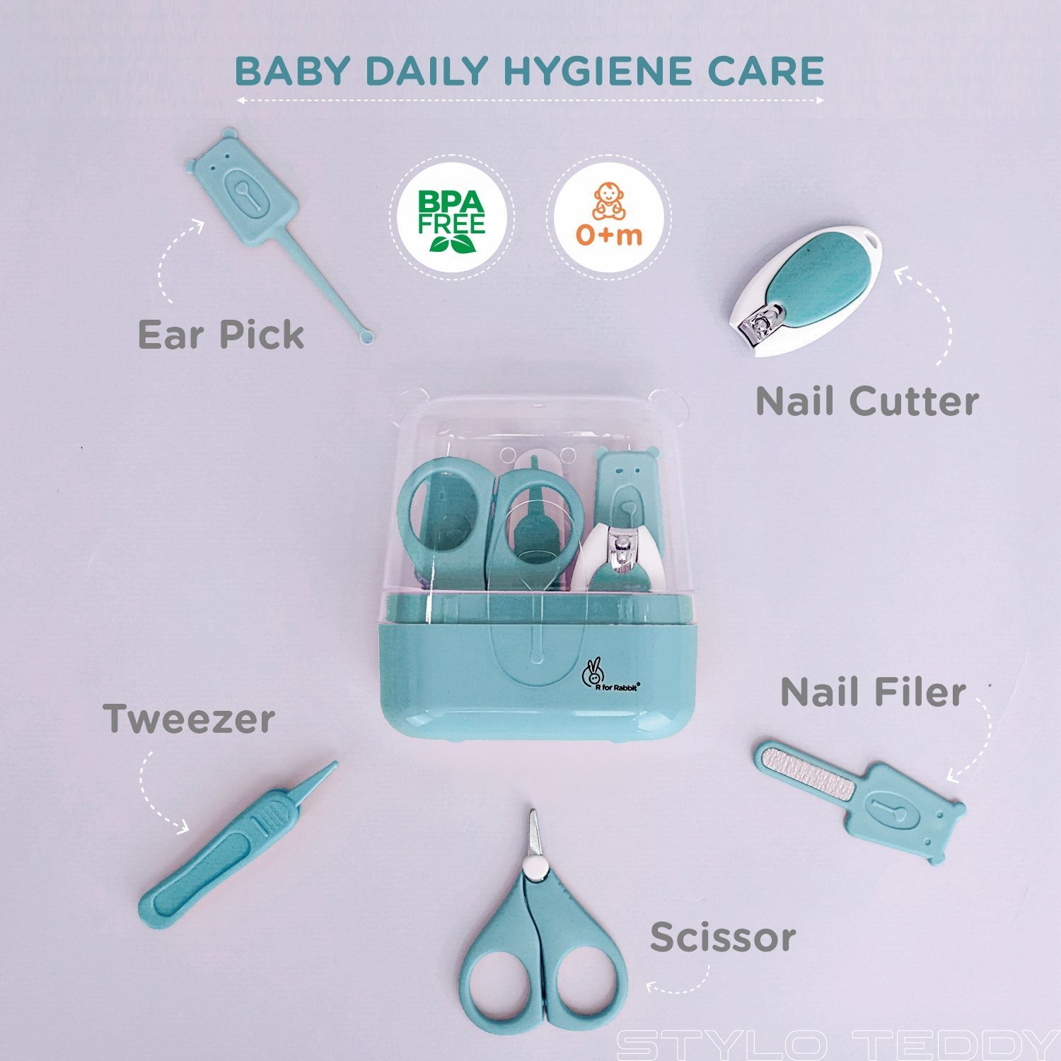 Stylo Teddy Baby Manicure Set Nail Cutter & Nail Filer, Scissor, Tweezer, Ear Pick Blue