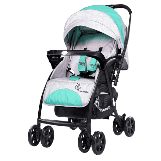 R for Rabbit Sugar Pop Stroller - 3 Position Seat Recline, Easy One Hand Fold, Reversible Handle, UV Resistant Sun Canopy Green Grey