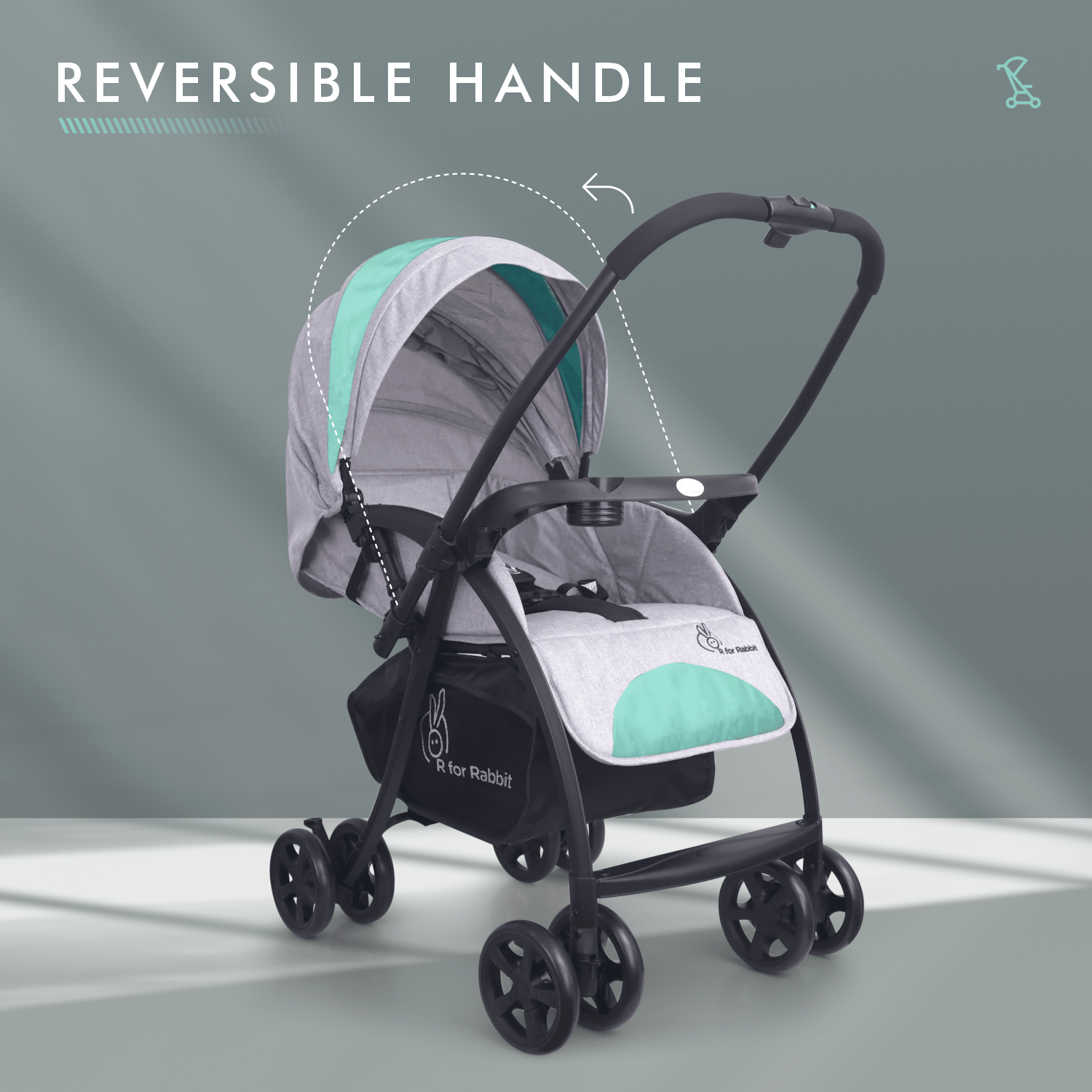R for Rabbit Sugar Pop Stroller - 3 Position Seat Recline, Easy One Hand Fold, Reversible Handle, UV Resistant Sun Canopy Green Grey