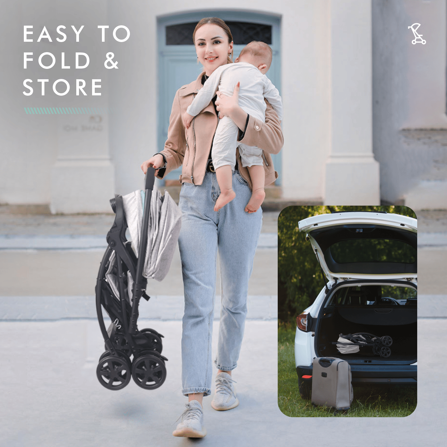 R for Rabbit Sugar Pop Stroller - 3 Position Seat Recline, Easy One Hand Fold, Reversible Handle, UV Resistant Sun Canopy Green Grey