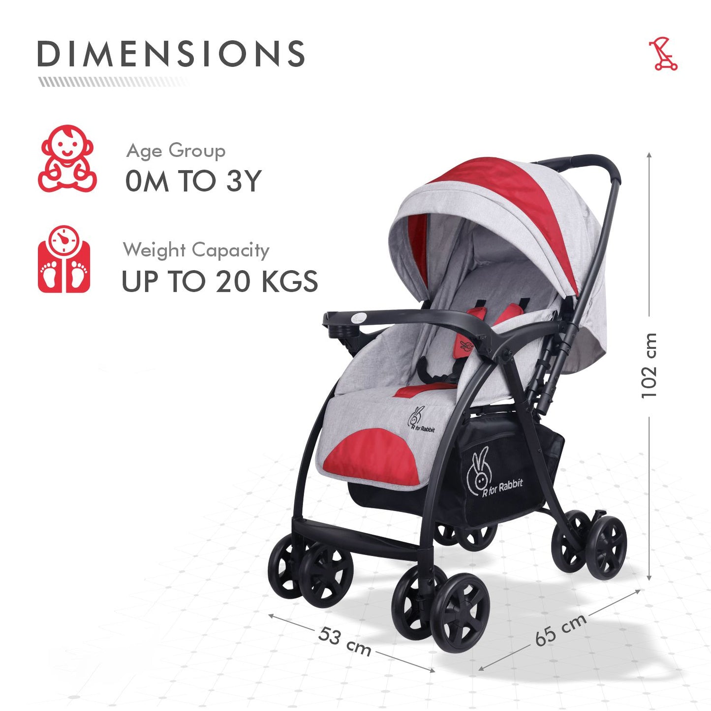 R for Rabbit Sugar Pop Stroller - 3 Position Seat Recline, Easy One Hand Fold, Reversible Handle, UV Resistant Sun Canopy Red Grey