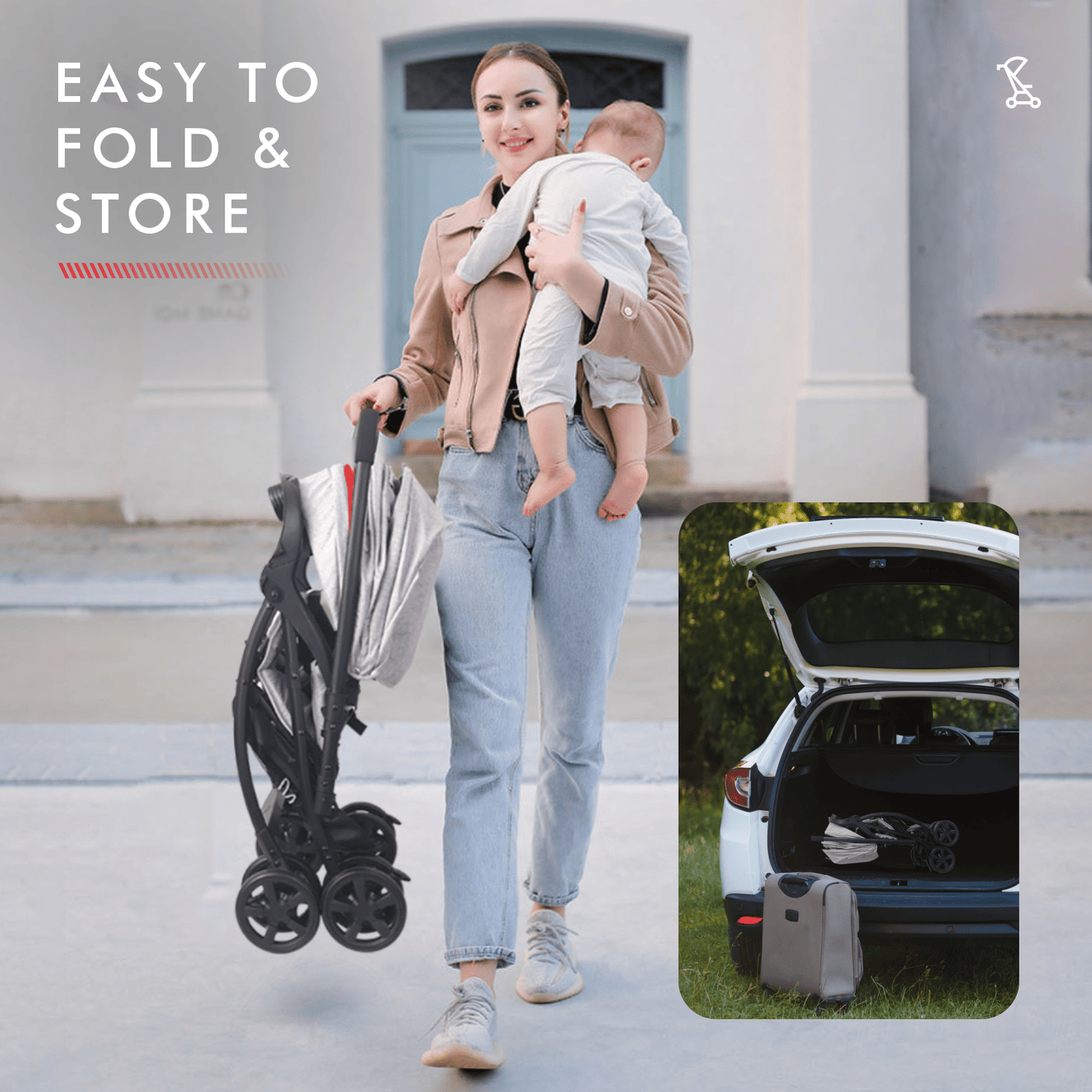 R for Rabbit Sugar Pop Stroller - 3 Position Seat Recline, Easy One Hand Fold, Reversible Handle, UV Resistant Sun Canopy Red Grey