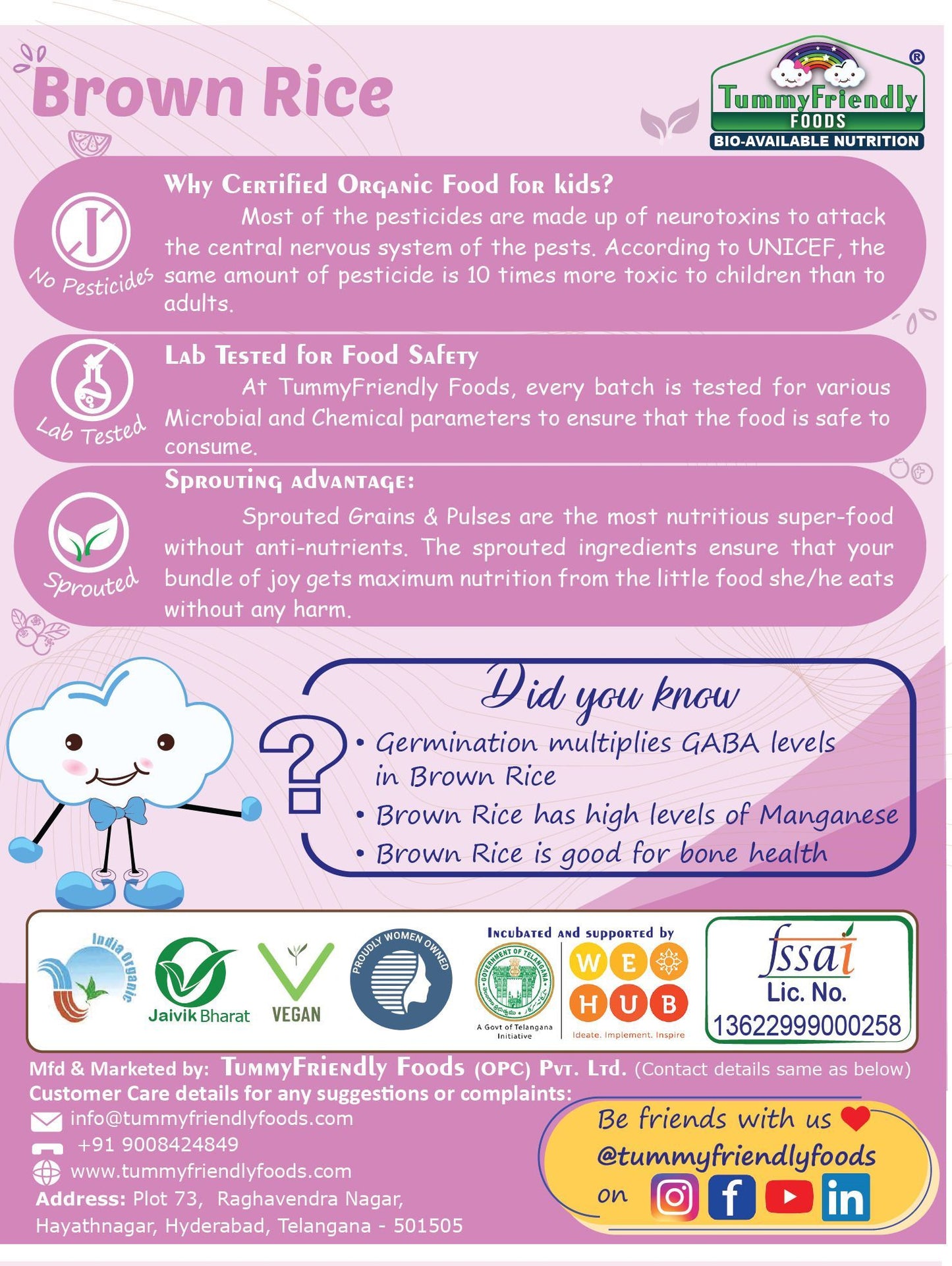 Tummy Friendly Foods Certified 100% Organic Sprouted Brown Rice Porridge Mix | Organic Baby Food for 6 Months Old | Excellent Weight Gain Baby Food| Made of Sprouted Whole Grain Brown Rice | 200g Cereal (200 g, 6+ Months)