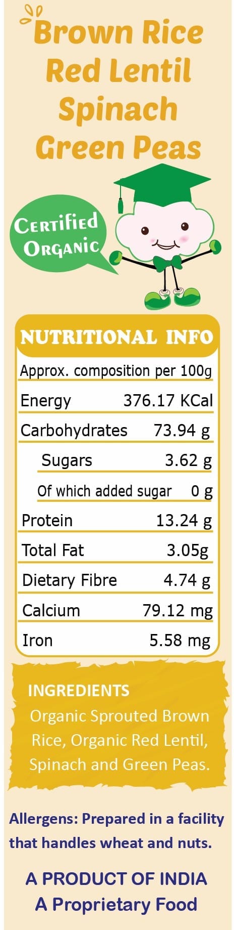 Tummy Friendly Foods Certified Organic Sprouted Brown Rice, Red Lentil, Spinach, Green Peas Porridge Mix | Excellent Weight Gain Baby Food| Made of Sprouted Brown Rice | 200g Cereal (200 g)