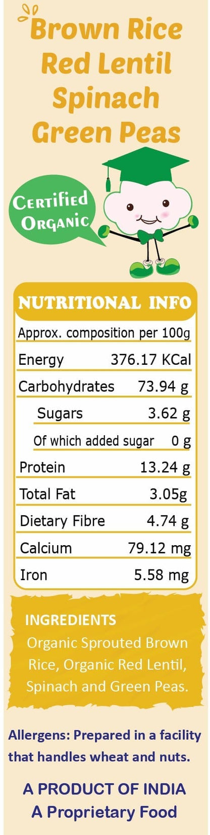 Tummy Friendly Foods Certified Organic Sprouted Brown Rice, Red Lentil, Spinach, Green Peas Porridge Mix | Excellent Weight Gain Baby Food| Made of Sprouted Brown Rice | 200g Cereal (200 g)