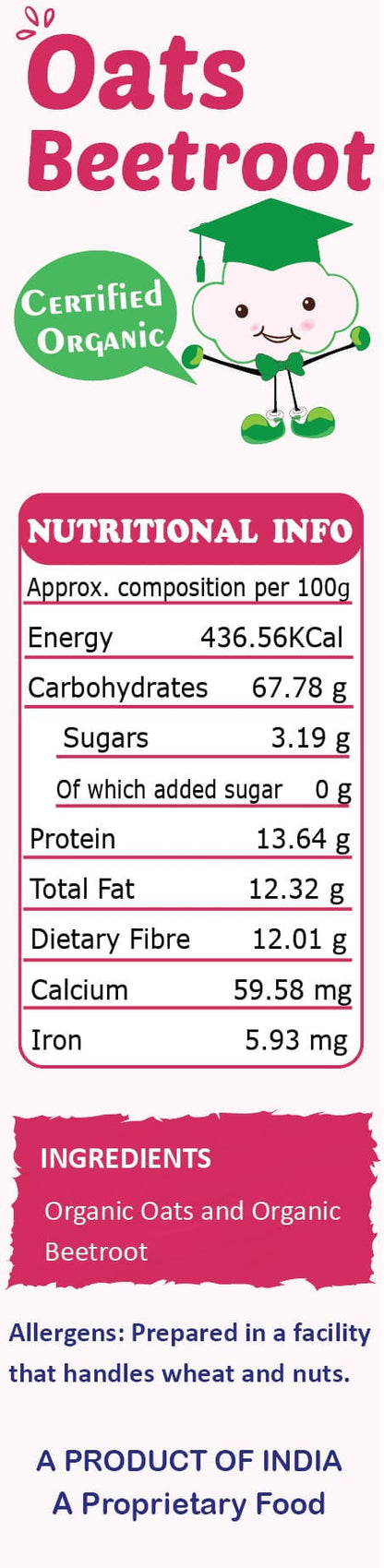 Tummy Friendly Foods Certified 100% Organic Oats, Beetroot Porridge Mix | Organic Baby Food for 6 Months Old | Rich in Beta-Glucan, Protein & Fibre| 200g Cereal (200 g)