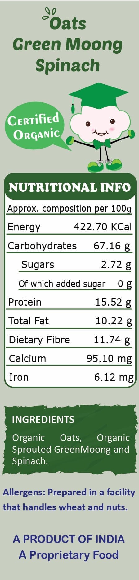 Tummy Friendly Foods Certified Organic Oats, Green Moong, Spinach Porridge Mix | Organic Baby Food for 8 Months Old | Made of Sprouted Whole Green Moong | Rich in Iron, Protein & Micro-Nutrients | 200g Cereal (200 g)