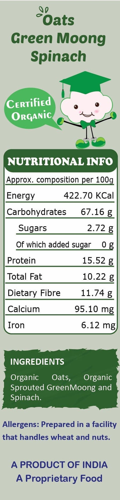 Tummy Friendly Foods Certified Organic Oats, Green Moong, Spinach Porridge Mix | Organic Baby Food for 8 Months Old | Made of Sprouted Whole Green Moong | Rich in Iron, Protein & Micro-Nutrients | 200g Cereal (200 g)