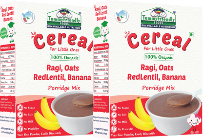 Tummy Friendly Foods Certified 100% Organic Sprouted Ragi, Oats, Red Lentil, Banana Porridge Mix , Made of Sprouted Whole Grain Ragi, Oats , Rich in Calcium, Iron, Fibre & Micro-Nutrients ,200g Each, 2Packs Cereal (400 g, Pack of 2)