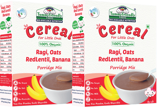 Tummy Friendly Foods Certified 100% Organic Sprouted Ragi, Oats, Red Lentil, Banana Porridge Mix , Made of Sprouted Whole Grain Ragi, Oats , Rich in Calcium, Iron, Fibre & Micro-Nutrients ,200g Each, 2Packs Cereal (400 g, Pack of 2)