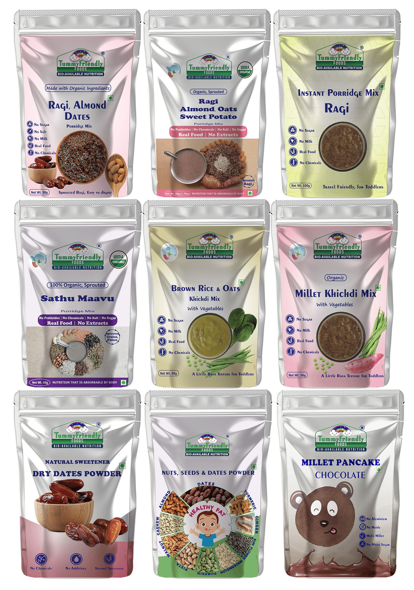 Tummy Friendly Foods CertifiedOrganic Baby Food For Toddlers 1+ Year, Dry Fruits Powder for Baby Kids Cereal (500 g, Pack of 9, 12+ Months)