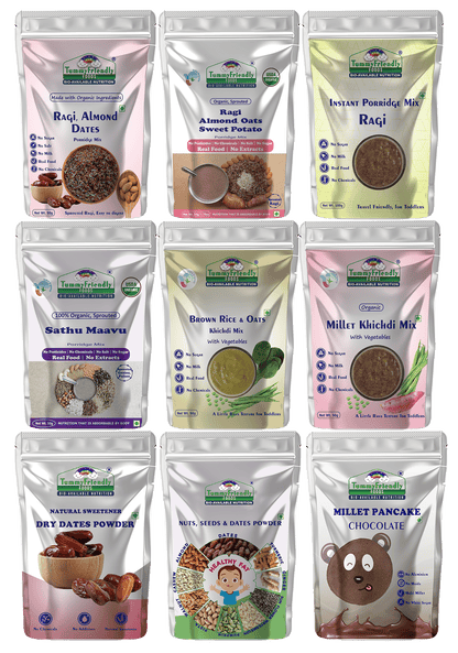 Tummy Friendly Foods CertifiedOrganic Baby Food For Toddlers 1+ Year, Dry Fruits Powder for Baby Kids Cereal (500 g, Pack of 9, 12+ Months)