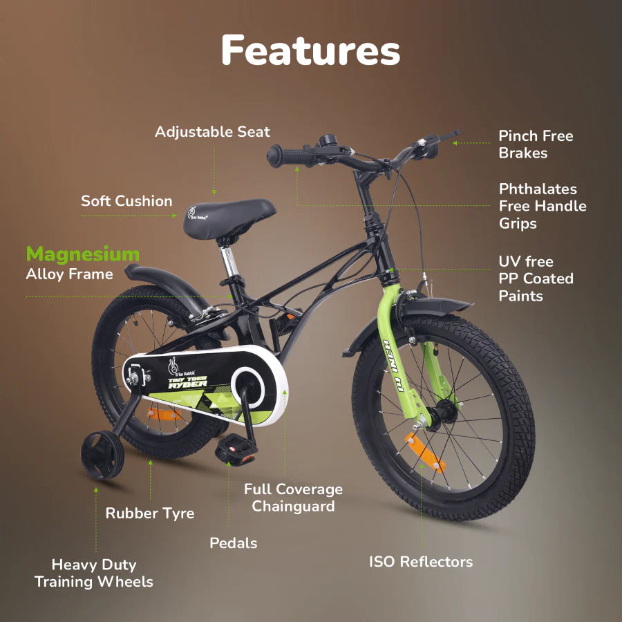 R For Rabbit Tiny Toes Ryder Bicycle For Kids 14 Inch 90% Plug N Play Installation, Black Green