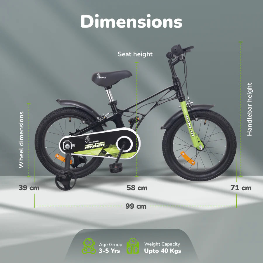 R For Rabbit Tiny Toes Ryder Bicycle For Kids 14 Inch 90% Plug N Play Installation, Black Green