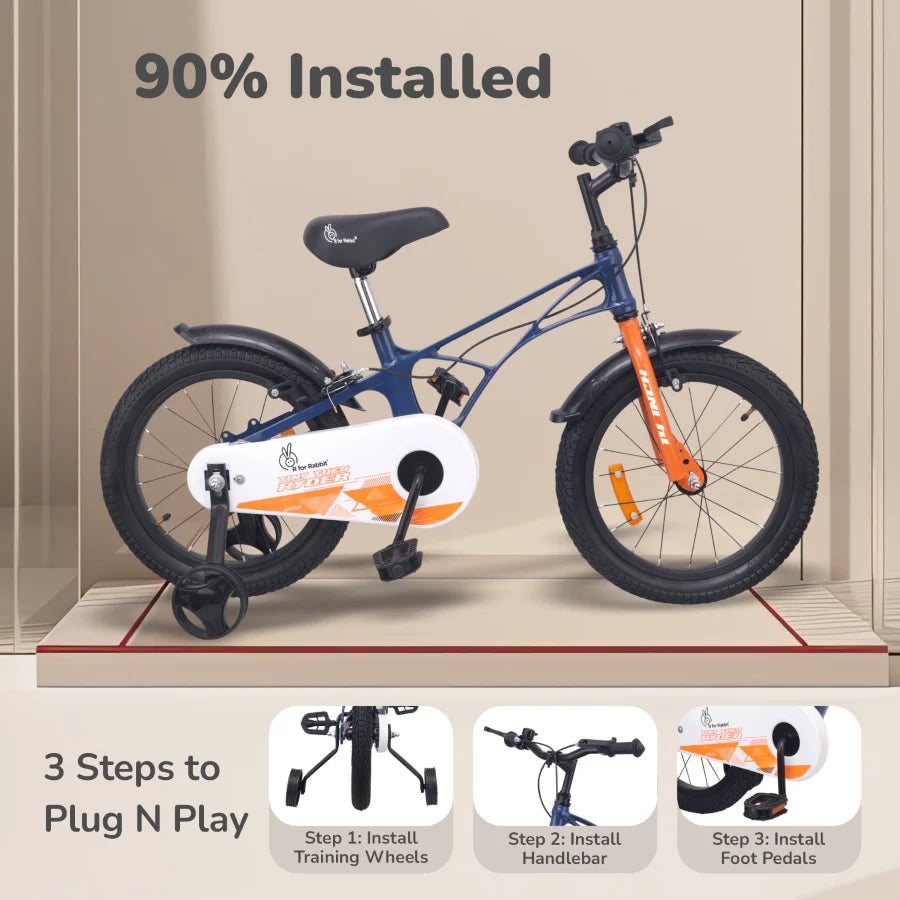 R For Rabbit Tiny Toes Ryder Bicycle For Kids 14 Inch 90% Plug N Play Installation, Blue Orange