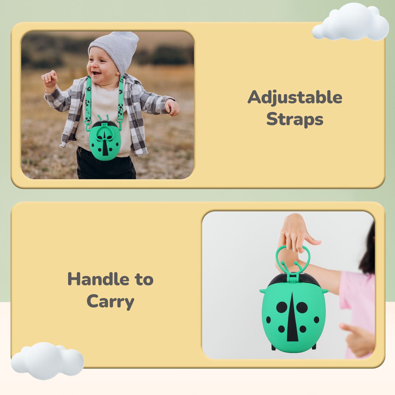 R for Rabbit Beetle Baby Straw Sipper Water Bottle With Adjustable Straps Green