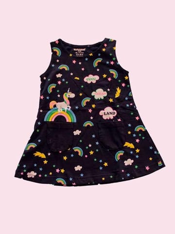 Rainbows And Unicorns Printed Black Sleeveless Frock